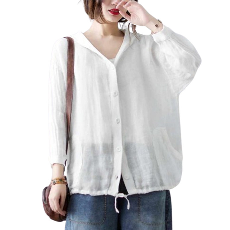 Damska lniana bluzka biała z kapturem