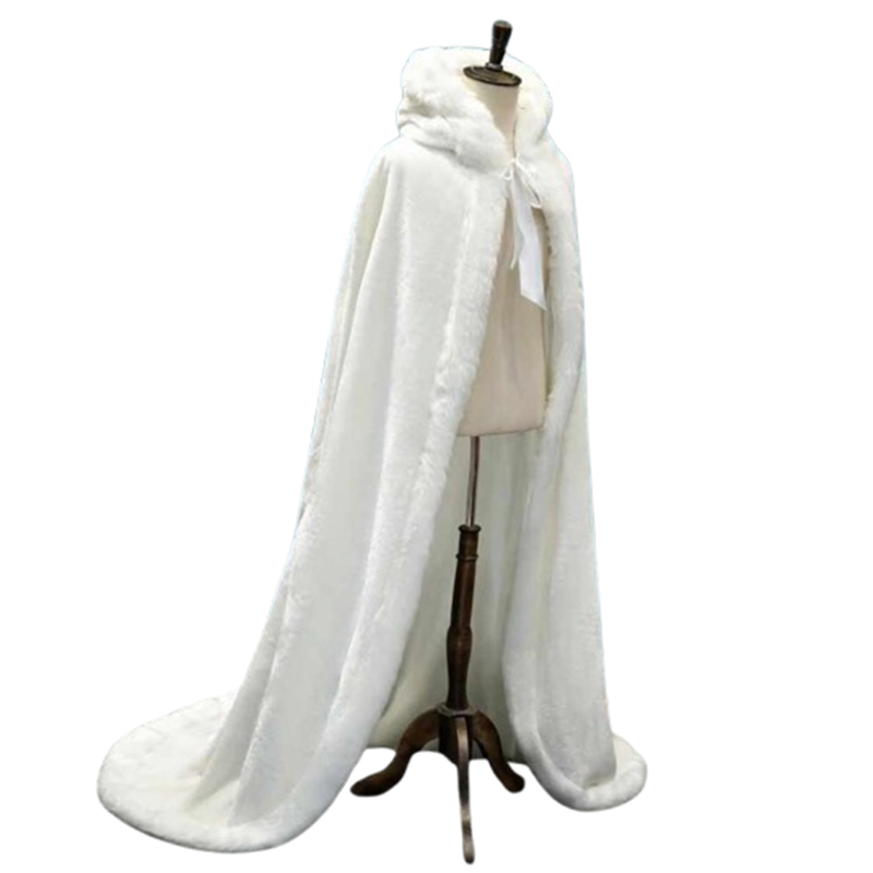 Peleryna pluszowa z futerkiem biała długa z kapturem