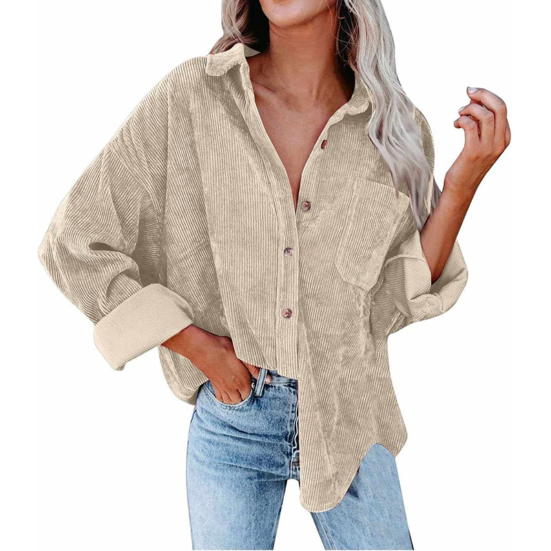 Damska sztruksowa koszula beżowa oversize - obrazek 3