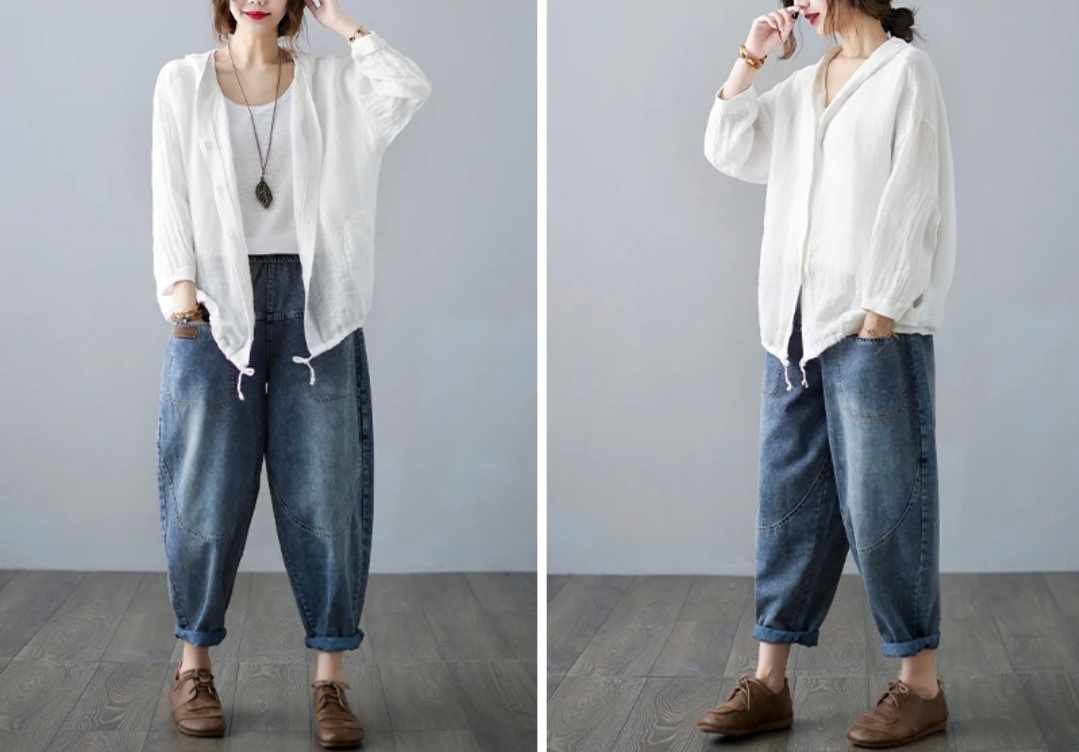 Damska lniana bluzka biała z kapturem - obrazek 5