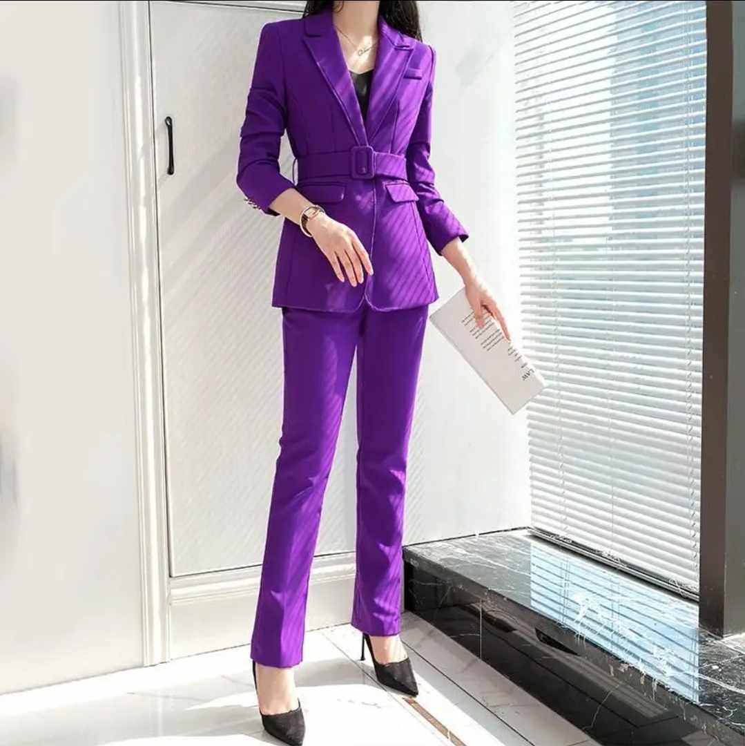 Damski elegancki dwuczęściowy garnitur fioletowy S - obrazek 3