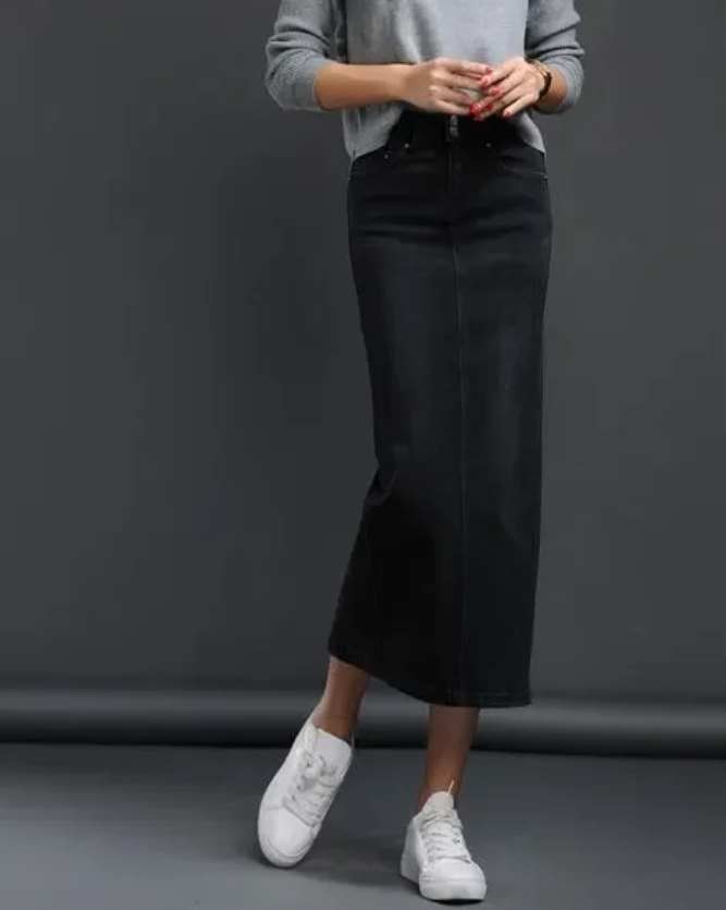 Czarna ołówkowa spódnica jeansowa midi rozmiar L/XL - obrazek 2