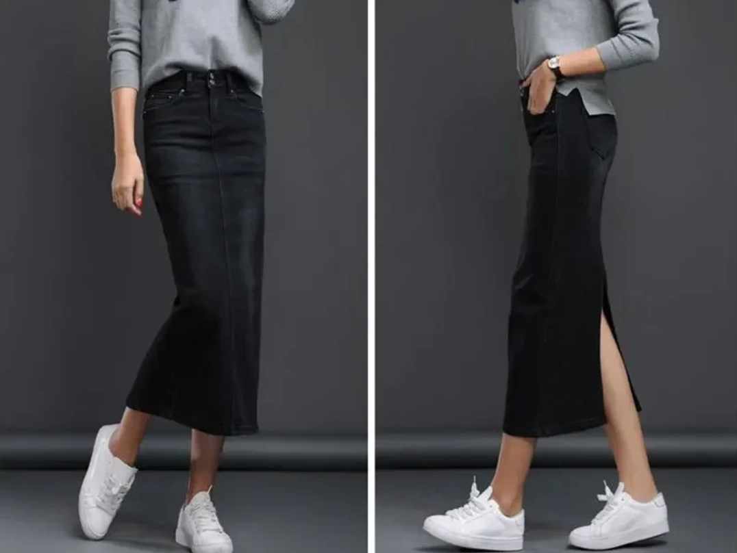 Czarna ołówkowa spódnica jeansowa midi rozmiar L/XL - obrazek 4